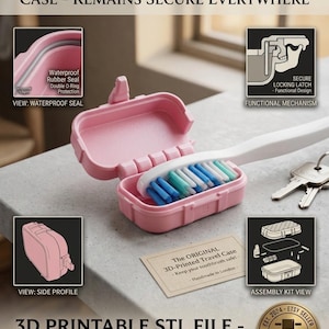May include: A pink 3D-printed toothbrush travel case with a toothbrush inside. The case has a waterproof seal and secure locking latch. Text on the image reads "UNIQUE RUGGED TOOTHBRUSH TRAVEL CASE - REMAINS SECURE EVERYWHERE" and "3D PRINTABLE STL FILE - INSTANT DIGITAL DOWNLOAD".