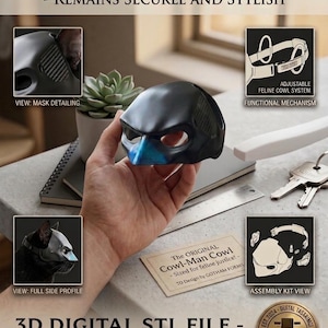 Könnte beinhalten: Eine schwarze und blaue Katzenmaskenreplik mit dem Text "Dijital Feline Hero Cat Mask Replica - Remains Securle and Stylish". Die Maske hat ein verstellbares Katzenhaubensystem und ist eine 3D-Digital-STL-Datei zum sofortigen Download.