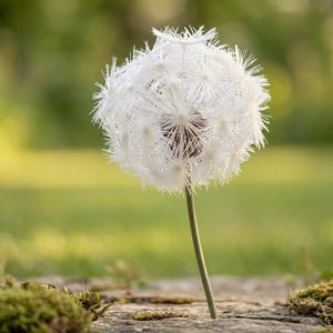 May include: A white dandelion clock with a green stem, set against a blurred green background. The seed head is a sphere of delicate, spiky seeds. The image is taken outdoors, with natural light.