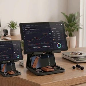 May include: A black tablet and smartphone stand with a built-in tray. The tablet displays a financial chart with the text "BTC/USD BTC $72,500.20". The stand holds a smartphone, keys, and a small leather wallet.