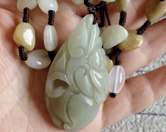 Carved Natural Jade Necklace, Nugget Jade Beaded Necklace, Knotted bead Jade Necklace, Carved Jade Pendant, Adjustable Necklace,Jade Jewelry