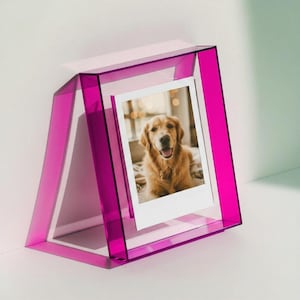 May include: A vibrant magenta acrylic picture frame with a slanted, easel-style design. The frame holds a rectangular photograph featuring a golden retriever dog with a light-colored coat, captured in a portrait orientation with a soft-focus background.