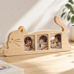 木製猫フォトフレーム、写真3枚または4枚収納可能、回転式しっぽ付き、猫好きのためのデスクデコレーション