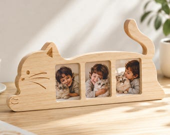 Bilderrahmen aus Holz mit Katzenmotiv, Platz für 3 oder 4 Bilder, drehbarer Schwanz, Schreibtischdekoration für Katzenliebhaber