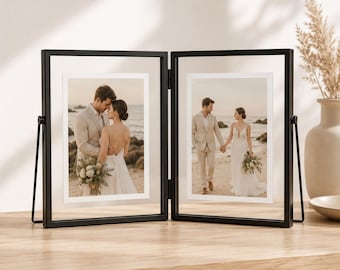 Doppelter, schwebender Glasfotorahmen, Metalltischplatte, Hochzeitserinnerungen, Gold, Silber, Schwarz, Roségold