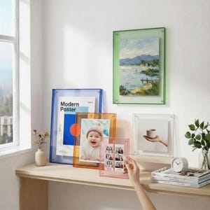 Könnte beinhalten: Eine Sammlung rechteckiger Acryl-Bilderrahmen in verschiedenen Farben wie Grün, Blau, Orange und Pink. Die Rahmen zeigen unterschiedliche Motive, darunter ein Landschaftsgemälde, ein modernes Poster, ein Babyporträt und Fotostreifen.