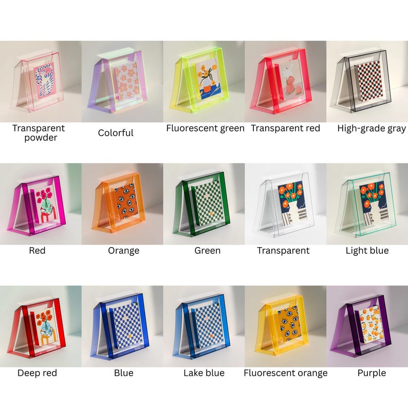 May include: A collection of fifteen rectangular acrylic photo frames in various colors including transparent, red, green, blue, orange, purple, and gray. Each frame features a slanted stand and holds a small decorative card with unique graphic prints.