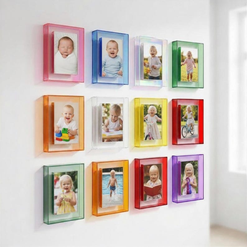 May include: A collection of twelve rectangular acrylic photo frames in various colors including red, blue, clear, green, orange, yellow, and purple, arranged in a grid on a wall, each containing a portrait photograph of a young child.