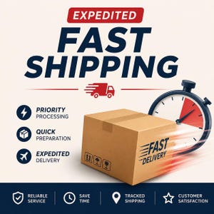 Puede incluir: Una caja de envío de cartón marrón con el texto FAST DELIVERY impreso en el lateral, acompañada de un cronómetro negro con un segmento rojo, un icono de camión rojo y texto que enumera procesamiento prioritario, preparación rápida y entrega.