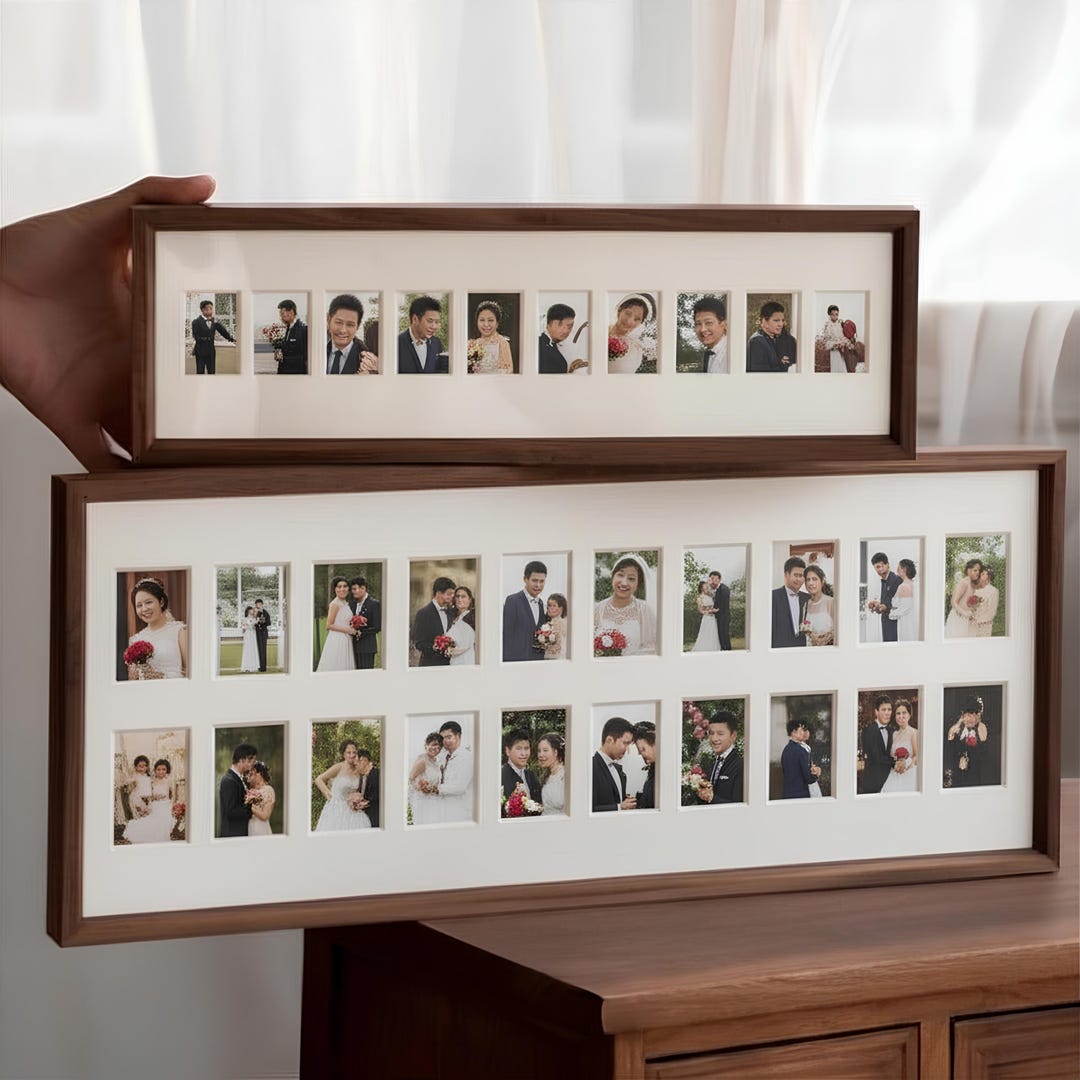 Multi Photo Frame, Black Walnut Beech Wood Collage Display, 10 or 20 Photos - 10-photo: 37.4×11cm, Beech Wood