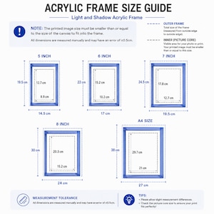 May include: An acrylic frame size guide chart displaying dimensions for 5, 6, 7, 8 inch and A4 frames. It includes diagrams of rectangular frames with labeled outer and inner measurements in centimeters, plus notes on manual measurement tolerances.