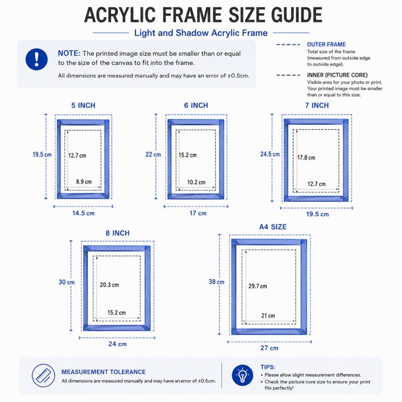 May include: An acrylic frame size guide chart displaying dimensions for 5, 6, 7, 8 inch and A4 frames. It includes diagrams of rectangular frames with labeled outer and inner measurements in centimeters, plus notes on manual measurement tolerances.
