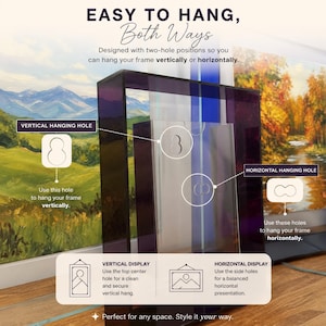 May include: A rectangular purple acrylic picture frame featuring two distinct hanging hole configurations. The frame includes a vertical hanging hole at the top center and horizontal hanging holes on the side, allowing for both orientations.