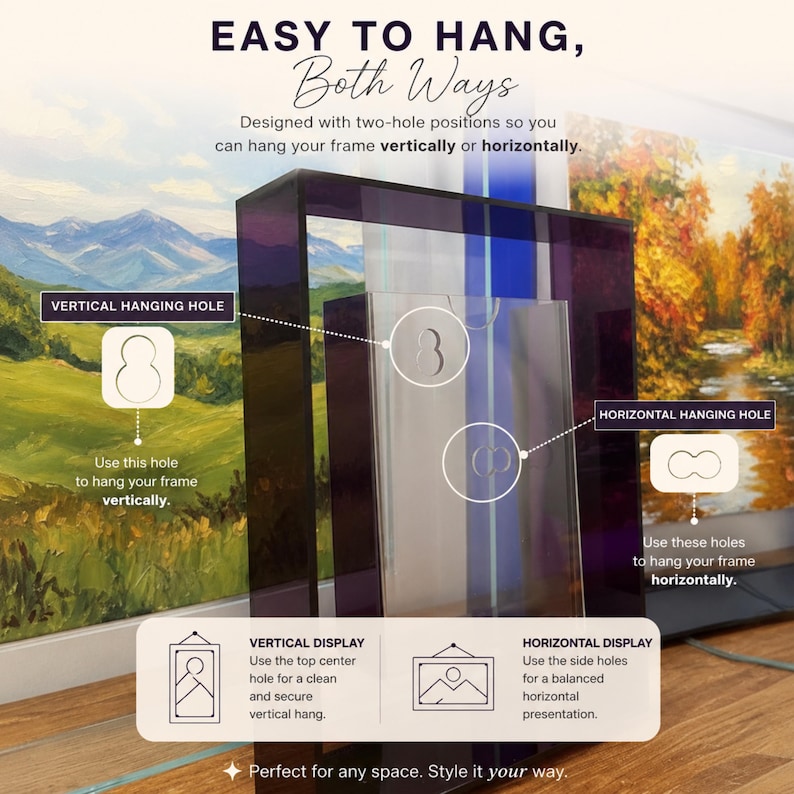 May include: A rectangular purple acrylic picture frame featuring two distinct hanging hole configurations. The frame includes a vertical hanging hole at the top center and horizontal hanging holes on the side, allowing for both orientations.