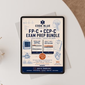 Pode incluir: Um tablet digital exibindo o Code Blue Field Guide FP-C + CCP-C Exam Prep Bundle. A tela apresenta ilustrações médicas, detalhes sobre materiais de estudo, um banco de 512 questões e 562 questões totais para cuidados críticos e de voo.
