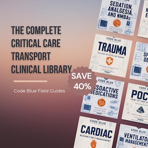 Könnte beinhalten: Eine Sammlung von Code Blue Field Guides mit dem Titel The Complete Critical Care Transport Clinical Library. Das Set enthält Handbücher zu Trauma, vasoaktiven Medikamenten, Herz-Kreislauf-Erkennung und Beatmungsmanagement.