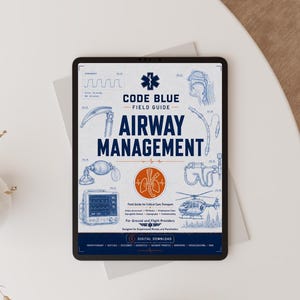 Puede incluir: Una tableta digital que muestra una guía de campo Code Blue para el manejo de la vía aérea. El gráfico presenta ilustraciones médicas de equipos, un monitor cardíaco y un helicóptero, con texto sobre protocolos de transporte crítico.
