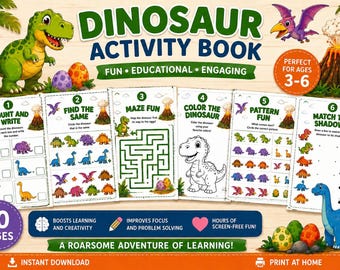 Livro de atividades com dinossauros para crianças de 3 a 6 anos | Jogos educativos, labirintos e folhas de exercícios (download instantâneo)