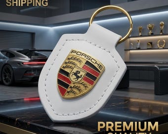 White Leather Porsche Key ring – Silver Crest Key Chain | Car Accessories- gift for her-personalized gift