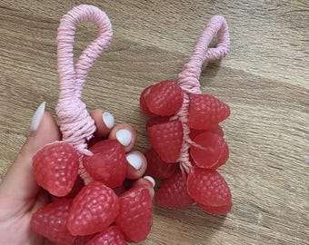 Sapone artigianale al profumo di lamponi e fette di frutta, decorazione per il bagno.