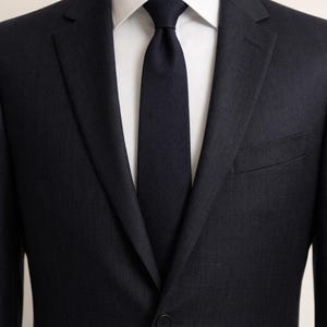 May include: A dark navy suit, white shirt, and navy tie. The jacket has a notched lapel and a single-button fastening. The tie is a solid colour and neatly knotted. The suit is a classic style, suitable for formal occasions. The suit is a classic style.