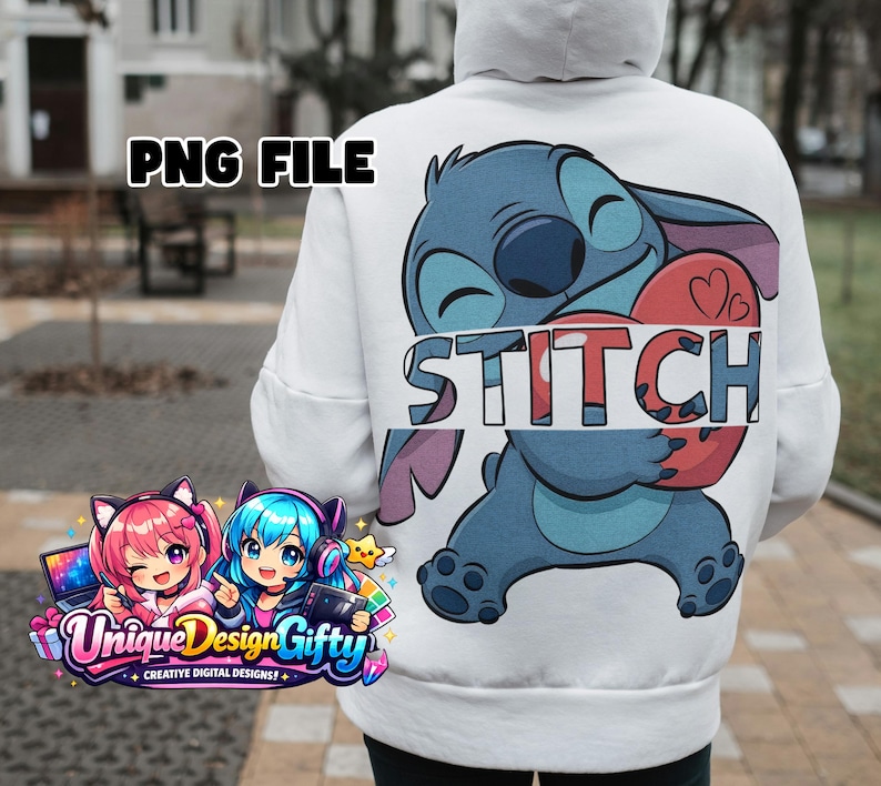 May include: White hoodie featuring a blue cartoon character holding a red heart with the word "STITCH" in white. The hoodie also has the text "PNG FILE" in black. A colorful logo with anime characters is visible.