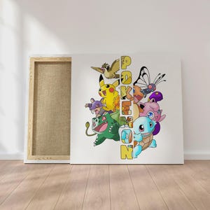 May include: A canvas print featuring various colorful cartoon characters, including Pikachu, Bulbasaur, and Squirtle. The word "Pokemon" is vertically displayed in yellow letters. The canvas is stretched over a wooden frame and leans against a white wall.