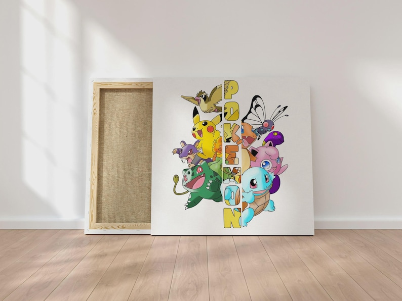 May include: A canvas print featuring various colorful cartoon characters, including Pikachu, Bulbasaur, and Squirtle. The word "Pokemon" is vertically displayed in yellow letters. The canvas is stretched over a wooden frame and leans against a white wall.