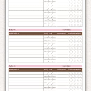 Op de afbeelding: Een studieplanner met drie secties, elk met velden voor onderwerp, focus, studiedatum, voltooiingsstatus en betrouwbaarheidsniveau. De planner heeft een roze en bruin kleurenschema.
