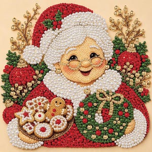 May include: A decorative craft piece featuring a smiling Mrs. Claus figure adorned with white, red, and green beads. She wears a red hat and holds a plate of cookies and a green wreath. The design is embellished with gold accents and pearl-like beads.