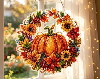 Diamond Art Painting Kit, Fall Pumpkin Sunflower Acrylic Hanging Sign DIY Diamond Art Kit, Autumn Leaf Wreath Wall Decor Handmade Craft Kit
