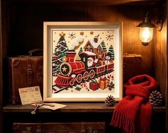 Diamond Painting Kit, 3D Pearl Vintage Christmas Train Winter‑Village DIY Craft, Festive Holiday Wall Art On PVC Foam‑Board, No Frame