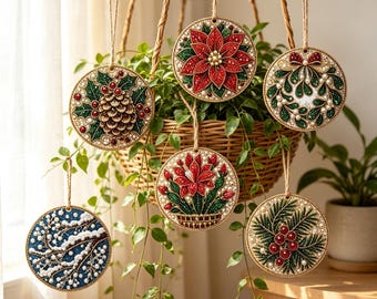 Diamond Art Painting Kit, 6‑Pack Wooden Floral Christmas Ornament DIY Craft Set, Holiday Hanging Decor for Crafters