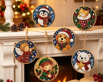 Diamond Art Painting Kit, 6‑Pack Wooden Christmas Ornaments DIY Set, Handmade Xmas Tree Hanging Decor for Adults