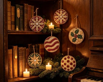 Diamond Art Painting Kit, 6‑Pack Wooden Red‑Gold Vintage Christmas Ornament DIY Craft Set, Xmas Tree Hanging Decor