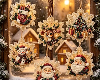 Diamond Art Painting Kit, 6‑Pack Wooden Christmas Character‑Theme Ornament DIY Craft Set, Xmas Tree Hanging Decor