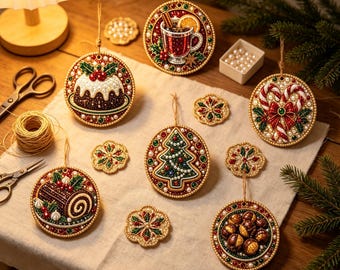 Diamond Art Painting Kit, 6‑Pack Wooden Christmas Food‑Theme Ornament DIY Craft Set, Xmas Tree Hanging Decor
