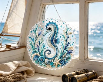 Diamond Art Painting Kit, Ocean Seahorse Hanging Wall Ornament, DIY Bead Mosaic Coastal Home Decor