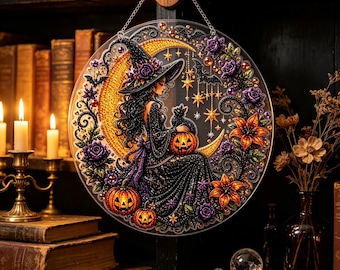 Diamond Art Painting Kit, Halloween Witch Black Cat Hanging Wall Ornament, DIY Bead Mosaic Home Decor
