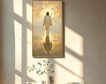 Canvas Print Painting, Walking On Water Religious Wall Art, Golden Light Faith Canvas, Christian Home Decor, No Frame