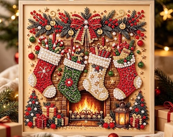 Diamond Painting Kit | Fireplace Christmas Stockings 3D Pearl Bead Wall Art, Lantern Berry Holiday DIY Craft On PVC Foam‑Board