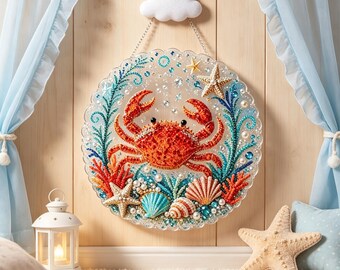 Diamond Art Painting Kit, Ocean Crab Hanging Wall Ornament, DIY Bead Mosaic Coastal Home Decor