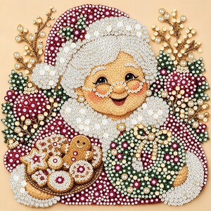 May include: A diamond painting kit featuring a smiling Mrs. Claus wearing glasses and a red hat, surrounded by a gingerbread cookie plate and a green wreath. The image is composed of circular beads marked with letters for color-coded assembly.