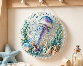Diamond Art Painting Kit, Ocean Jellyfish Hanging Wall Ornament, DIY Bead Mosaic Coastal Home Decor