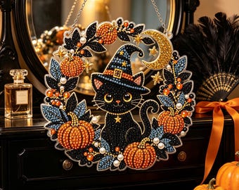 Halloween Witch Cat Diamond Art Painting Kit, DIY Acrylic Hanging Wall Sign, Fall Home Decor Craft Kit
