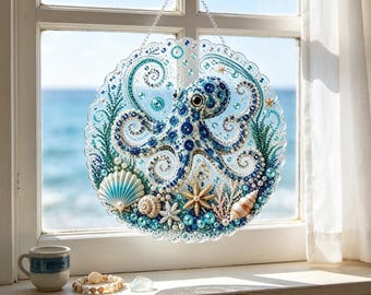 Diamond Art Painting Kit, Ocean Octopus Hanging Ornament, DIY Bead Mosaic Coastal Home Wall Decor