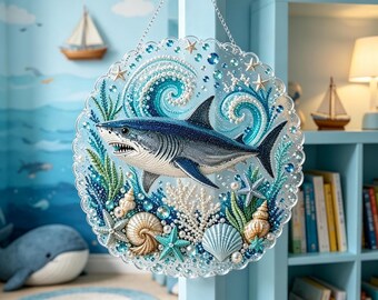 Diamond Art Painting Kit, Ocean Shark Hanging Wall Ornament, DIY Bead Mosaic Nautical Home Decor