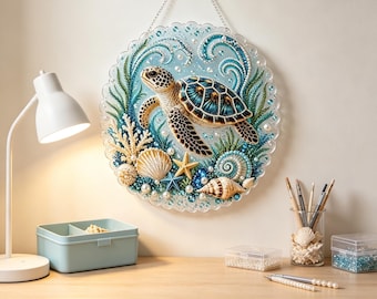 Diamond Art Painting Kit, Ocean Sea Turtle Hanging Wall Ornament, DIY Bead Mosaic Coastal Home Decor