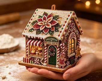 Pearl DIY Kit, 3D Festive Holiday Bake‑Shop Wooden House Bead Art, All‑In‑One Craft Set for Adults, Tabletop & Hanging Xmas Decor
