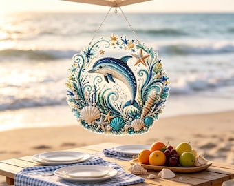 Diamond Art Painting Kit, Ocean Dolphin Hanging Wall Ornament, DIY Bead Mosaic Coastal Home Decor